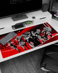 Persona 5 anime desk pad 40x20 inches featuring Joker and team in bold red-black design, exuding confidence.