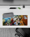 28x12 inches anime mouse pad with loud colors, Kurama grin, blue flames, and stone textures for a hype desk.