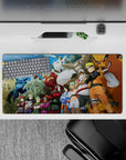 Bright sky anime mouse pad with bold tailed beast colors, blue flames and stone texture, 32x16 inches.