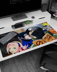 Team 7 Naruto anime desk pad featuring Naruto, Sasuke, Sakura, and Kakashi, sized 40x20 inches, vibrant and nostalgic.