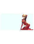Mouse pad featuring Asuka Langley Shikinami design, 32x16 inches, with her red plugsuit standing out against a soft, minimalistic backdrop.