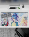 32x16 inches anime girl mouse pad in soft sky pastels with drifting sparkles, bold blues, teal, red, and gold.