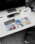 28x12 inches anime girl mouse pad featuring blue ponytail girl in kanji jersey with two smirking friends.
