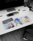 32x12 inches anime girl mouse pad featuring blue-haired girl in yellow-blue kanji jersey with calm stare.