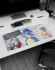 32x16 inches anime girl mouse pad featuring blue-haired girl in yellow-blue kanji jersey with calm, fierce stare.