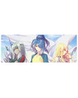 32x12 inches anime girl mouse pad with three sporty girls, kanji jersey, silver and blonde accents.
