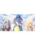 36x16 inches anime girl desk pad with three sporty girls under soft skies and drifting sparkles.
