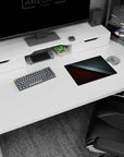 Sleek 14x10 inches carbon fiber mouse pad showcasing a striking red and metallic black split, ideal for an edgy, performance-driven workspace.
