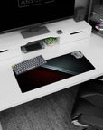 Carbon fiber mouse pad, 28x12 inches, showcasing bold red and metallic black diagonal split, perfect for performance-driven, high-tech desk setups.