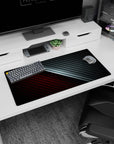 Modern 32x16 inches carbon fiber mouse pad showcasing a dynamic diagonal split in deep red and metallic black, ideal for sophisticated desks.