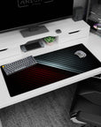 Sleek 36x16 inches carbon fiber desk pad showcasing a striking red and metallic black split, adding sophistication and edge to your workspace.
