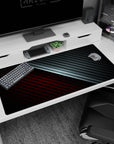 Large 40x20 inches carbon fiber desk pad showcasing a dynamic red and metallic black design, perfect for an edgy, high-performance workspace.