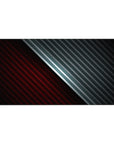 Desk pad featuring a sleek carbon fiber design with a striking diagonal split between deep red and metallic black, 40x20 inches, perfect for a high-tech, performance-driven workspace.