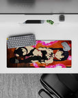 Neon hot pink energy rings on warm orange anime girl mouse pad 28x12 inches, chaotic-cute vibe.