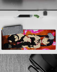 32x12 inches extended mouse pad in hot pink neon and warm orange glow, chaotic-cute late-night gaming vibe.