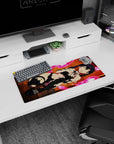 Raven-haired twin-tailed anime girl with glowing eyes and torn black outfit on mouse pad 28x12 inches.