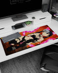 Raven-haired twin-tail anime girl with glowing eyes and battle scuffs on desk pad 36x16 inches.