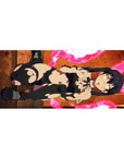 Anime girl desk pad 36x16 inches with twin-tail raven-haired fighter, torn black outfit, neon backdrop.