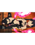 Anime girl desk pad 40x20 inches with twin-tail raven-haired warrior, torn black outfit, neon rings backdrop.