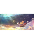 Desk pad featuring the Going Merry from One Piece, 36x16 inches, floating through a sea of clouds with gentle lights, capturing a sense of adventure.
