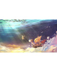 Desk pad featuring the Going Merry from One Piece, 40x20 inches, floating in a sea of clouds and gentle lights, capturing the essence of adventure and dreams.