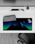 28x12 inches mouse pad with glowing green and blue pyramids under a crescent moon, creating a vaporwave aesthetic.