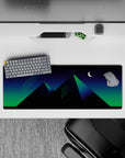 32x12 inches mouse pad featuring neon geometric pyramids and a sleek, glowing aesthetic in green and blue.