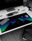 Large 40x20 inches desk pad featuring sleek pyramids in neon green and blue hues, bringing vaporwave and retrowave aesthetics to life.