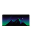 Mouse pad featuring the Midnight Pyramid Glow, 28x12 inches, with vibrant neon pyramids in a retro-futuristic design.