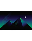 Desk pad featuring the Midnight Pyramid Glow, 40x20 inches, with neon pyramids and vibrant green and blue hues under a crescent moon.