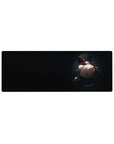 Anime girl mouse pad 32x12 inches with dark-haired red-eyed girl, gold ornaments, and blade accents.