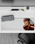 32x12 inches anime mouse pad in bold reds and warm skin tones, high-energy action on crisp white.