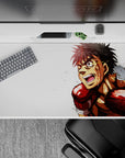 White-backdrop anime desk pad 40x20 inches with bold red gloves, warm skin tones, high-energy vibe.