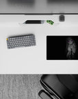 Grayscale noir mouse pad 14x10 inches with glowing purple eyes, sleek minimalist vibe and smooth tracking.
