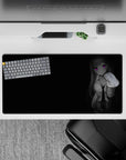 Noir grayscale anime mouse pad 32x16 inches with neon violet glowing eyes, sleek negative space vibe.