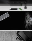 40x20 inches anime desk pad in grayscale with neon violet eyes, soft noir mood and clean negative space.