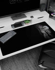 Anime girl desk pad 40x20 inches showing long-haired schoolgirl leaning close, loosened tie, violet glow eyes.