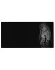 Anime girl mouse pad 32x16 inches with long-haired student, white shirt, loose tie, plaid skirt, peace sign.
