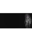 36x16 inches anime girl desk pad with noir grayscale art, school outfit, peace sign, clean negative space.