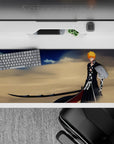36x16 inches mouse pad with Ichigo, ultimate Zangetsu, desert winds, and deep blues for a Bleach-inspired powerful design.