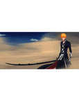 Mouse pad featuring Ichigo Kurosaki, 36x16 inches, wielding Zangetsu in the desert with deep blues, golden sands, and fierce resolve.