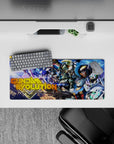 Neon blue and electric purple space anime mouse pad 28x12 inches with white, red, and gold mechs.
