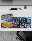 Neon space anime mouse pad 32x12 inches in electric purples and blues with sharp whites, reds, and gold trim.