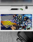 Neon blue and electric purple starfield anime mouse pad 32x16 inches with white, red, and gold accents.