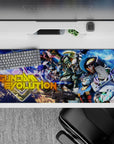 Anime desk pad 36x16 inches in electric blues and purples with sharp white, red, and gold mecha accents.