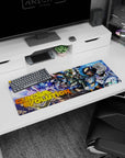 Mobile Suits charging through star-dust on an anime mouse pad 32x12 inches, sparks flying and visors glowing.