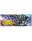Gundam Evolution anime mouse pad 32x12 inches with a squad of Mobile Suits, rifles, and mech panel lines.