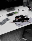Large 40x20 inches mouse pad with Kenpachi Zaraki and Unohana Retsu, capturing stark contrasts, flowing motion, and intense Bleach combat.