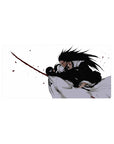 Mouse pad with Kenpachi Zaraki and Unohana Retsu, 32x16 inches, featuring flowing motion, stark contrasts, and blood-streaked action.