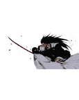 Mouse pad featuring Kenpachi Zaraki and Unohana Retsu, 36x16 inches, with blood-streaked intensity and a dramatic, raw combat scene.